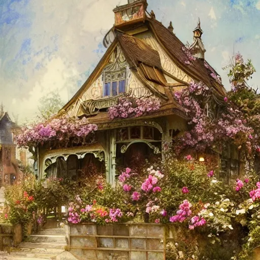 Image similar to a beautifull intricate watercolour painting of a victorian coffe house with many flowers and, reflexions, verry high details by william turner art, greg rutkowski and alphonse mucha, trending on artstation, very very detailed, masterpiece,