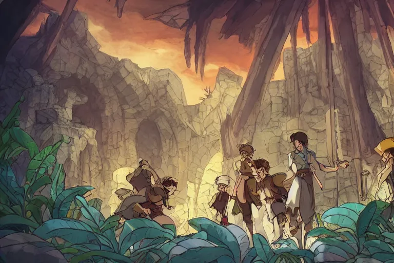 Image similar to cell shaded key visual of a group of adventurers find treasure in a dungeon, in the style of studio ghibli, moebius, makoto shinkai,