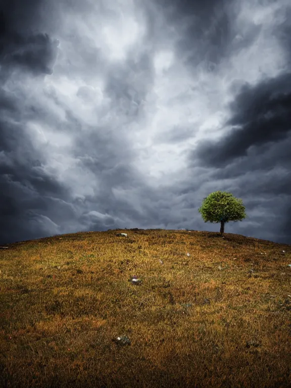 Image similar to photo of 8k ultra realistic lone dead tree on hill surrounded by swirling clouds and lighting, dark, menacing, full of colour, cinematic lighting, battered, trending on artstation, 4k, hyperrealistic, focused, extreme details,unreal engine 5, cinematic, masterpiece, art by Studio Ghibli