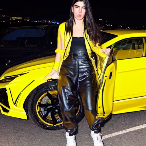 Image similar to dua lipa seen by paparazzi in london at night getting out of a yellow lamborghini urus, ultra realistic, photorealistic, ultra detailed