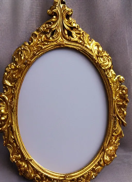 Image similar to beautiful baroque oval portrait picture frame, royal, gilded with gold, magical, fantasy, metallic, product photography