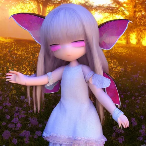 Image similar to cute fumo plush of a girl of the fae, fairy folk, ritual dress, natural bokeh vray render