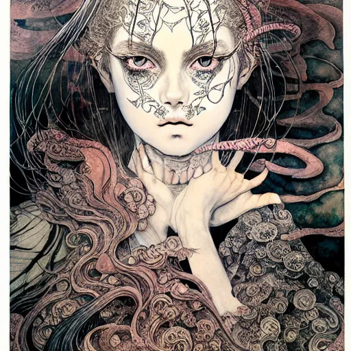 Image similar to prompt: Mysterious girl face painted in William Blake style drawn by Vania Zouravliov and Takato Yamamoto, intricate oil painting, high detail, Neo-expressionism, post-modern gouache marks on the side, gnarly details soft light, white background, intricate detail, intricate ink painting detail, sharp high detail, manga and anime 2000