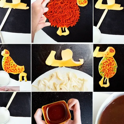 Image similar to making of an edible giraffe from noodles and soy sauce in 4 steps, each step is a progression from the last, from the beautiful'how to make food art step by step collection ', dslr