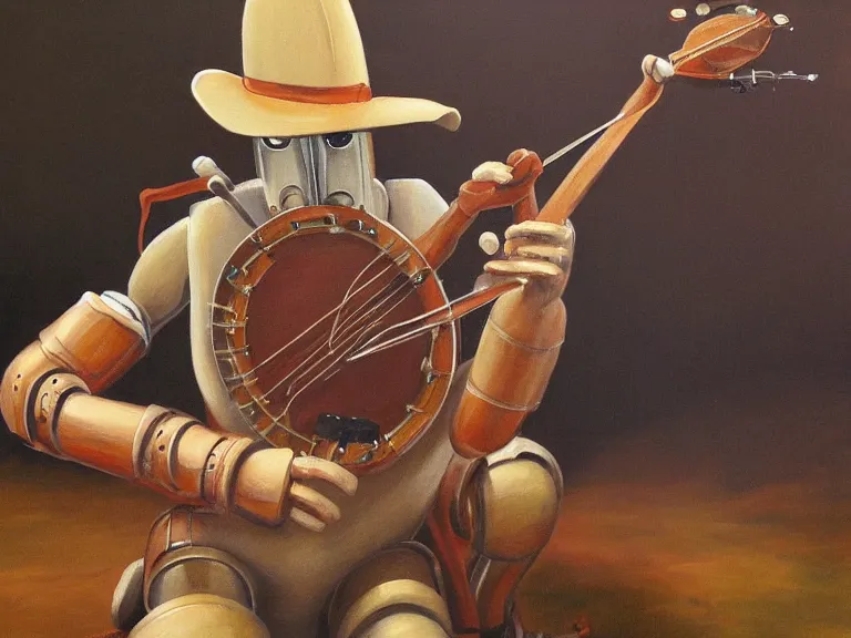 Prompt: painting of a country bumpkin robot playing a banjo, straw in his mouth, style of boris vallejo, high detail, hyper realistic, 8 k