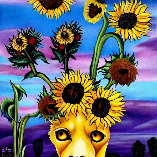 Image similar to lions and sunflowers 🌻🌫 in the style of salvador dali