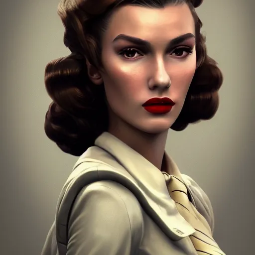 Image similar to A videogame portrait of a Spanish young woman with high cheekbones. Good bone structure. Dressed in 1940s style. Highly detailed, fine Art, high detail, great lighting, 8k resolution, masterpiece, concept art, illustration, clear eyes, painting oil on canvas, octane render, HDR, trending on artstation, 4k, 8k, HD