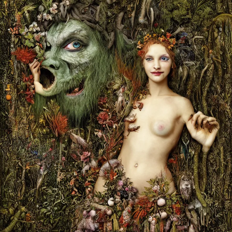 Image similar to a fish eye lense photograph of a grinning druid dryad with goat pupils transforming herself into a mad beast. her skin is covered in scales and feathers. flowers surround her body and trees tower around her. painted by jan van eyck, max ernst and ernst haeckel, trending on artstation, 8 k, award winning, hard lighting, fashion editorial