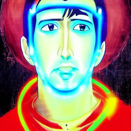 Image similar to beautiful amazing anime portrait painting of nicholas cage in tokyo. neon lights. by hayao miyazaki, katsuhiro otomo, akira toriyama, satoshi kon, eiichiro oda, hideaki anno