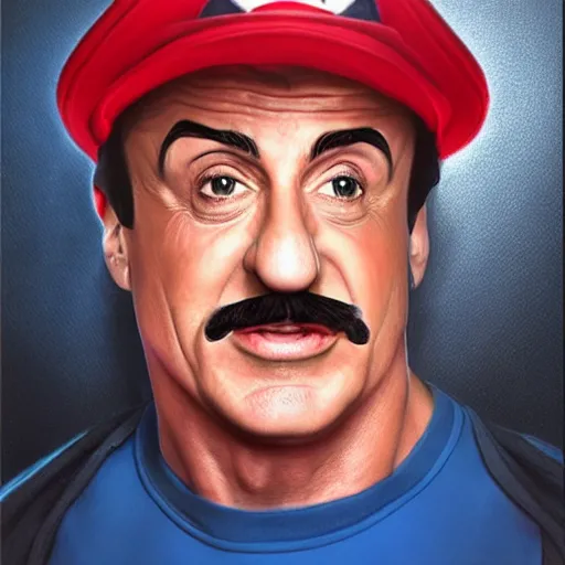 Prompt: sylvester stallone as super mario, realistic, portrait, detailed