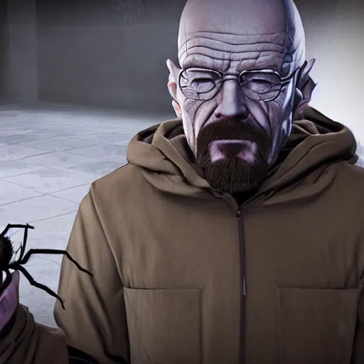 Prompt: walter white as a hideous spider, horror, photorealistic,, features intricate detail, epic composition and the style of unreal engine.