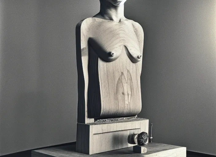 Image similar to realistic photo portrait of the a sculpture of a computer of wood, eyes made of caviar poorly designed in style of arte povera, fluxus, dadaism, joseph beuys, ugly made, low quality, nonprofessional, by man ray levitating in the wooden room 1 9 9 0, life magazine reportage photo