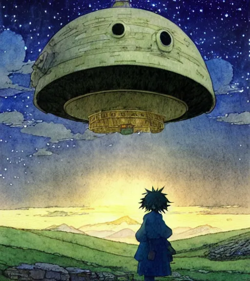 Image similar to hyperrealist studio ghibli watercolor fantasy concept art of an immense ufo from howl's moving castle sitting on stonehenge like a stool. it is a misty starry night. by rebecca guay, michael kaluta, charles vess