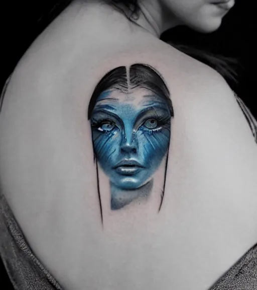 Image similar to tattoo design sketch of a beautiful blue - eyed woman face with a faded background of beautiful mountains and nature on her side, hyper - realistic, in the style of den yakovlev, amazing detail, black and white