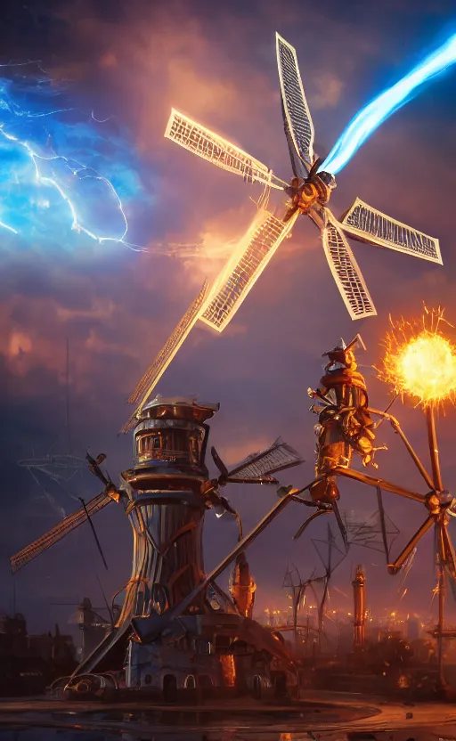 Prompt: a steampunk windmill spinning fast, robot, blue fire, ash, electricity lightning, soft, concept art, sharp focus, intricate details, highly detailed, photorealistic, disney pixar, octane render, iridescent, anime, 8 k