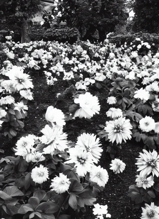 Prompt: old lost footage in black and white of a beautiful garden with flower and fruits,hyper realistic 8K HD real life photo