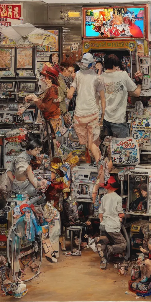 Image similar to oil painting scene from amusement arcade by kim jung gi