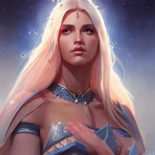 Image similar to star goddess, d & d, fantasy, portrait, highly detailed, digital painting, trending on artstation, concept art, sharp focus, illustration, art by artgerm and greg rutkowski and magali villeneuve