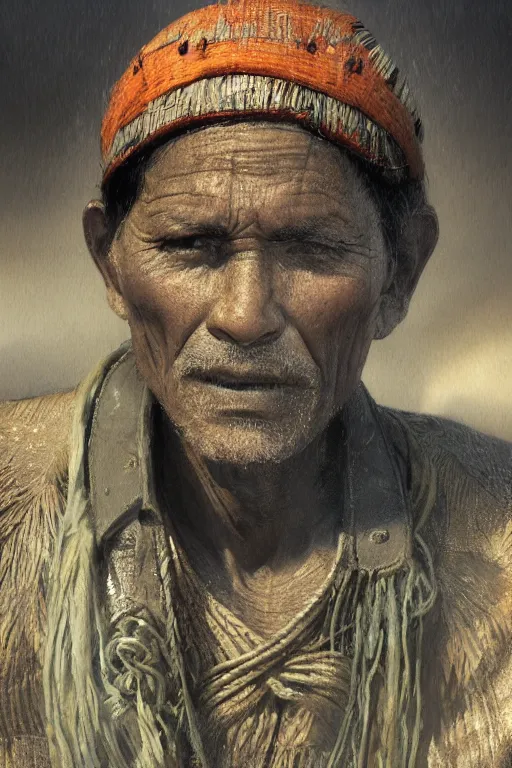 Image similar to aztec fisherman, close - up portrait, poor, intricate, elegant, volumetric lighting, scenery, digital painting, highly detailed, artstation, sharp focus, illustration, concept art, ruan jia, steve mccurry