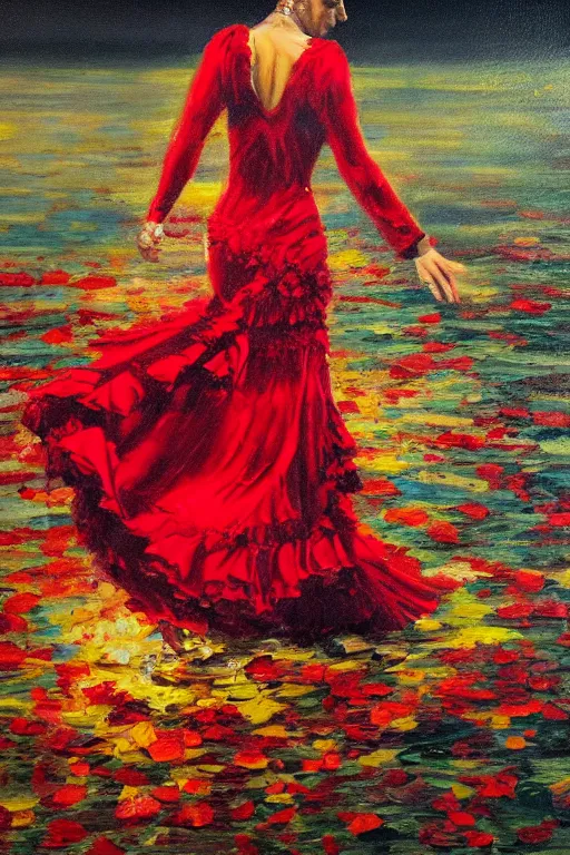 Image similar to detailed oil painting of spanish flamenco dancer walking into a lake wearing a red dress made of flowers that's engulfed in flames, dimly lit by candles on the ground, looking away, dark shadows, ethereal, slr, 4 k, high definition