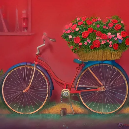 Image similar to a beautiful storybook painting of a vintage yellow Schwinn bicycle with a basket of red roses on the front propped up against a blue wall, anime style by Grzegorz greg rutkowski and Studio Ghibli, nostalgic heart-warming, trending on artstation hq