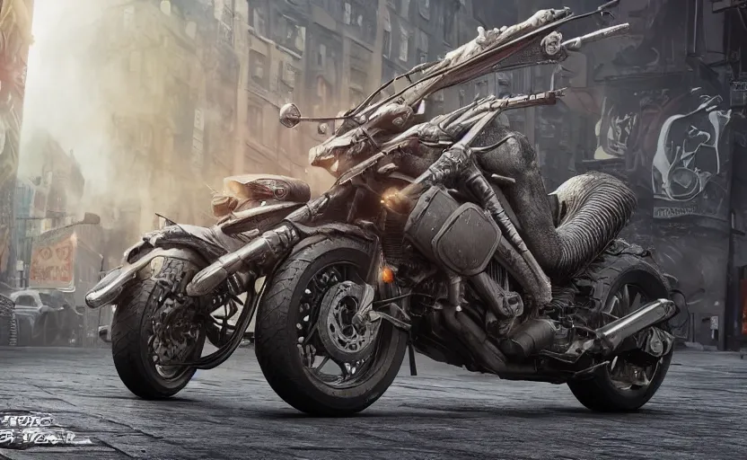 Prompt: a dragon motorcycle in ny, 3 d render, octane render, unreal engine 5, trending on artstation, high quality, highly detailed, concept art, product photo, hyperrealistic, 4 k, path traced