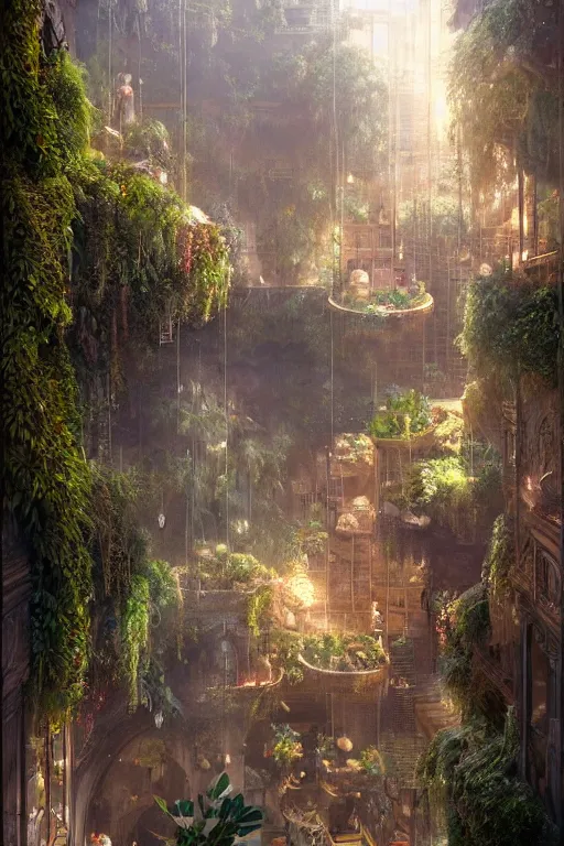 Image similar to magnificent view of the hanging gardens of babylon, intricate, elegant, volumetric lighting, digital painting, highly detailed, artstation, sharp focus, illustration, concept art, ruan jia, steve mccurry