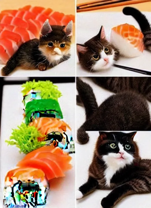 Image similar to clear photorealistic picture of adorable cats made out of sushi