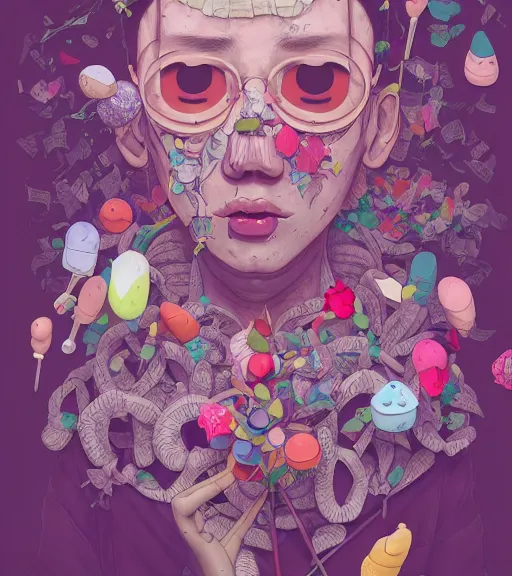 Prompt: portrait, nightmare anomalies, leaves with a candies and lollipop by miyazaki, violet and pink and white palette, illustration, kenneth blom, mental alchemy, james jean, pablo amaringo, naudline pierre, contemporary art, hyper detailed