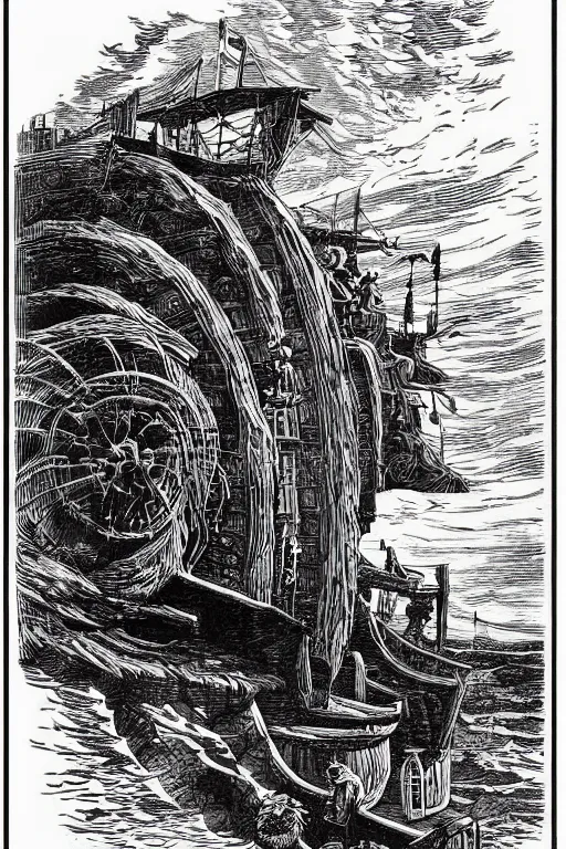 Image similar to 19th century wood-engraving of Howl's moving castle, whole page illustration from Jules Verne book, art by Édouard Riou Jules Férat and Henri de Montaut, frontal portrait, high quality, beautiful, highly detailed, removed watermarks