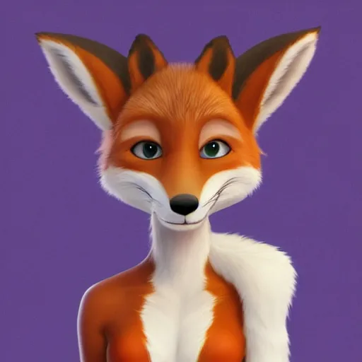 Prompt: portrait of anthropomorphic female fox with short white fur covering her body in the style of zootopia, centered on her face
