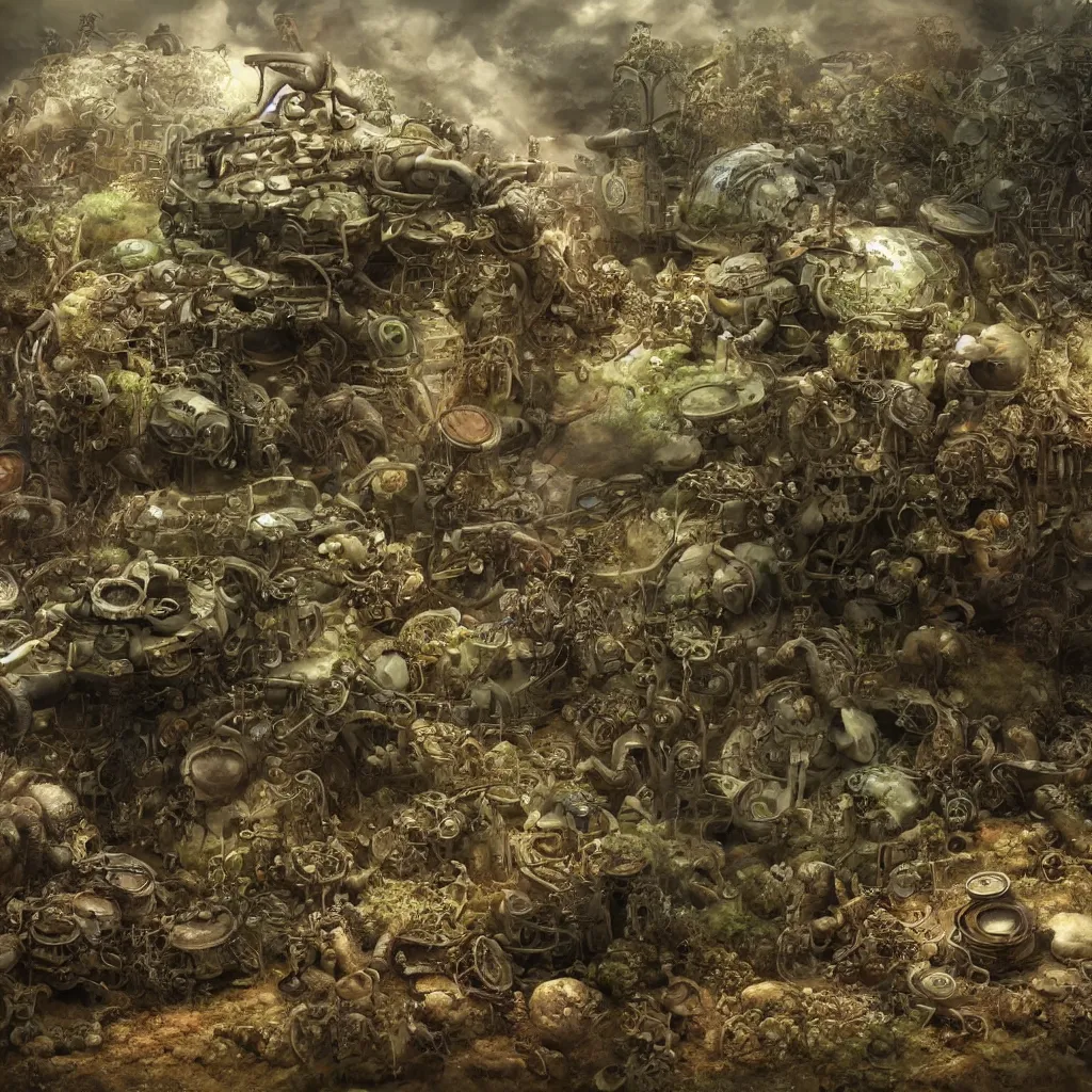 Image similar to a bio - mechanical tank with mushrooms as camouflage highly detailed, cinematic, perfect face, cyberpunk, fine details, studio lighting, subtle shadows, art by katsuya terada and hieronymus bosch, photo - realism, hyper realism, octane render