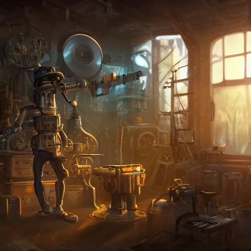 Image similar to a steampunk artificer in his workshop, light rays, scifi