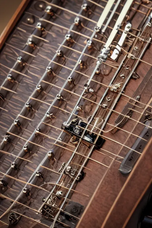 Prompt: up close steampunk guitar fretboard