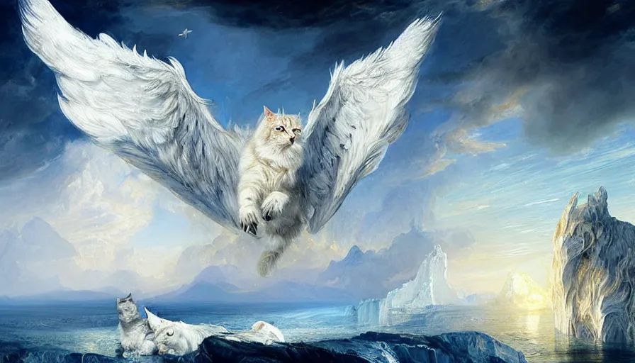 Prompt: highly detailed painting of white giant griffon cat bears with large feathered wings on a blue and white iceberg by william turner, by greg rutkowski, by william constable, thick brush strokes and visible paint layers, 4 k resolution