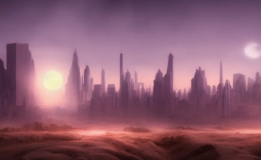 Image similar to matte painting of a desert landscape, science fiction art, city in the skyline, two suns, gloomy, fog, elaborate, detailed digital art, trending in artstation, purple color lighting