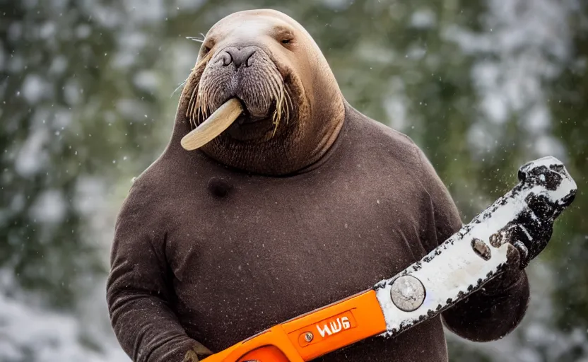 Prompt: walrus holding a chainsaw, extremely detailed, high quality, 8 k, nature photography,