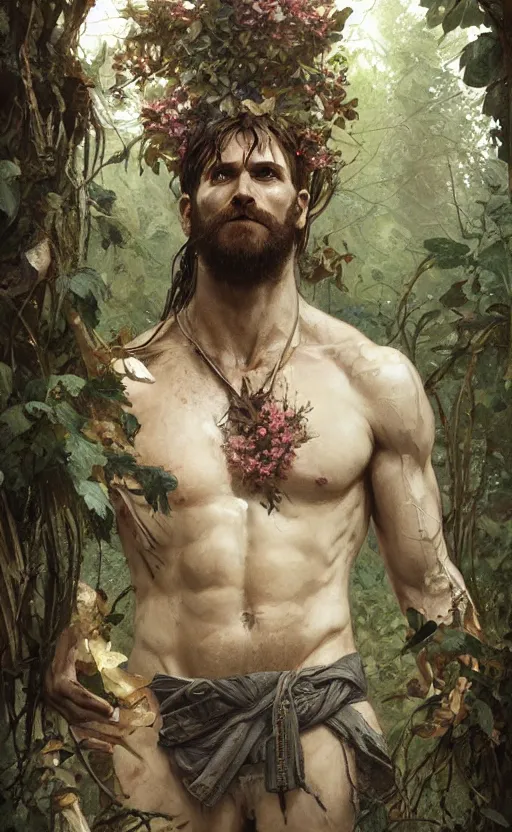 Image similar to god of the forest, 3 0 years old, rugged, handsome, male, detailed face, clean lines, atmospheric lighting, amazing, full body, flowers, muscular, intricate, highly detailed, digital painting, artstation, concept art, sharp focus, illustration, art by greg rutkowski and alphonse mucha