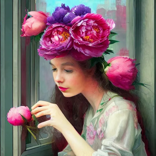 Prompt: a girl in a hat with a bouquet of peonies looks out the window at a blooming garden, vivid color, highly detailed, cyberpunk, digital painting, artstation, concept art, matte, sharp focus, art by vrubel