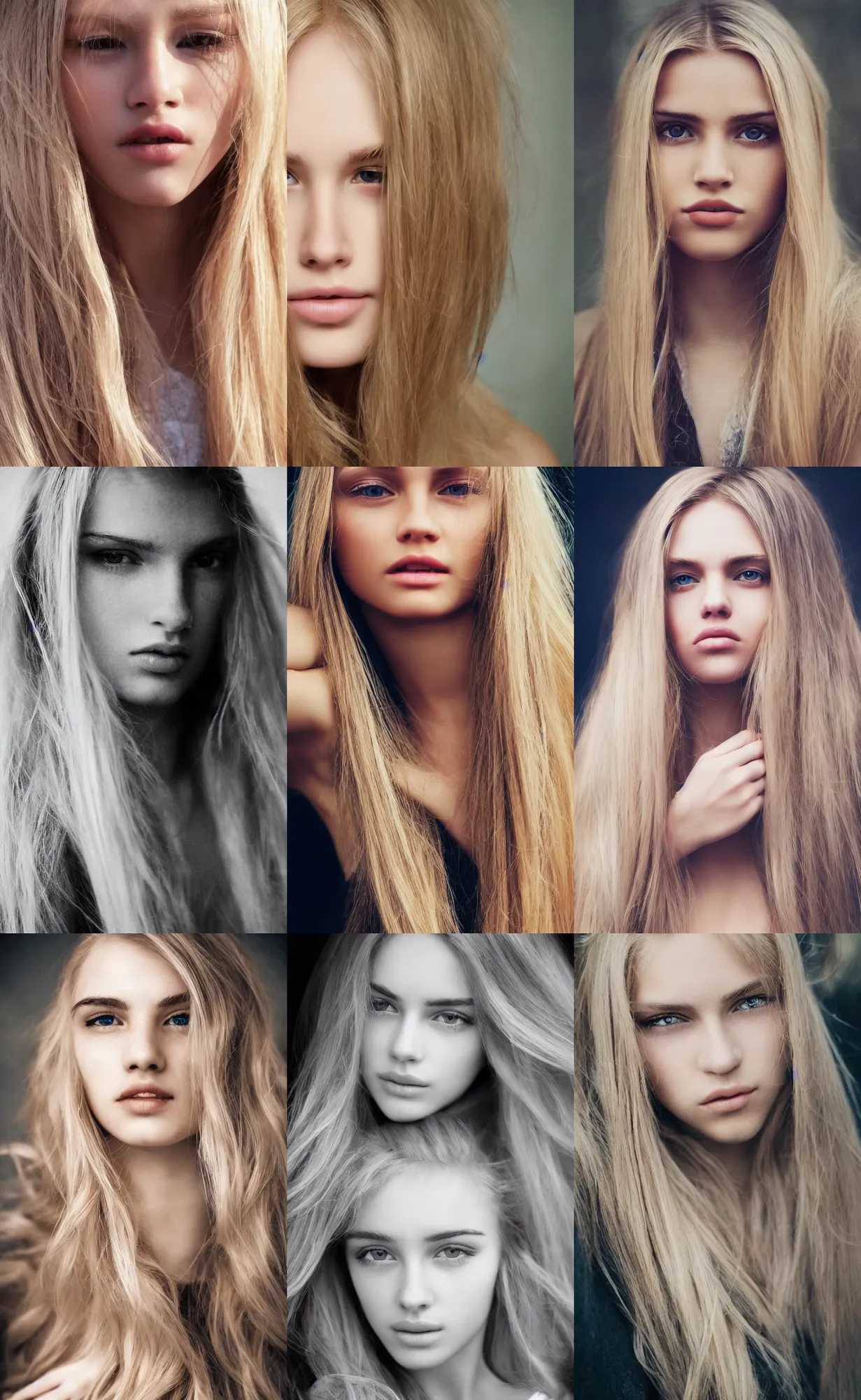 Prompt: beautiful young face, long blonde hair, fine details, cinematic