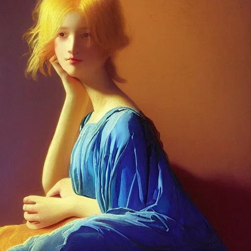 Image similar to a young woman's face, her hair is gold and she wears an cobalt blue satin cloak, by ivan aivazovsky and syd mead and moebius and gaston bussiere and roger dean and pieter claesz and paul delaroche and alma tadema and aelbert cuyp and jan eyck, hyperrealistic, volumetric light, octane render