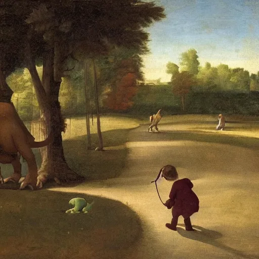 Prompt: a kid at the park walking a dinosaur with a leash, renaissance oil painting