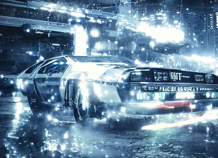 Image similar to a cyberpunk delorean breaking the space - time continuum, energy and time particles, dramatic framing, movie footage, 8 k