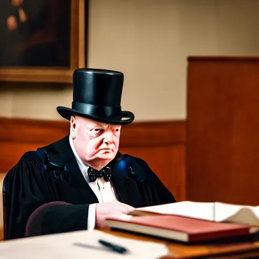 Prompt: Winston Churchill in court, represented by the lawyer Saul Goodman, high detail, real lighting, photography from Vogue magazine, colorized, 85mm Sigma Art Lens