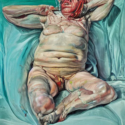 Prompt: high quality high detail painting by lucian freud and jenny saville, hd, psychedelic freak out, turquoise, ambient lighting