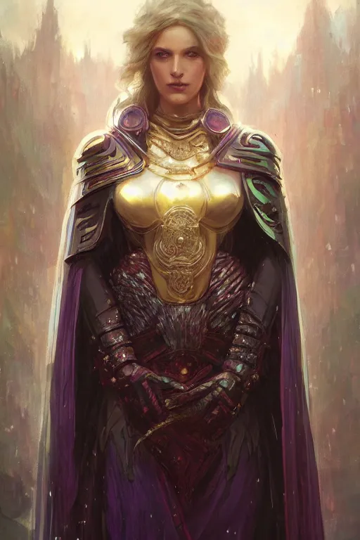 Prompt: masterpiece digital painting of a beautiful woman knight portrait, centered, heavy black obsidian armor, chaotic ruby inlays, large cape, by kev walker and greg rutkowski and mucha, atmospheric fog effects background, purple sparkles, artstation, deviantart, closer view, cinematic lights
