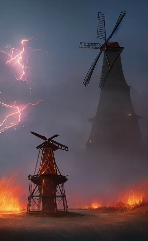 Image similar to a windmill, robot, fire, ash, electricity lightning, furry, soft, concept art, sharp focus, intricate details, highly detailed, photorealistic, disney pixar, octane render, iridescent, anime, 8 k