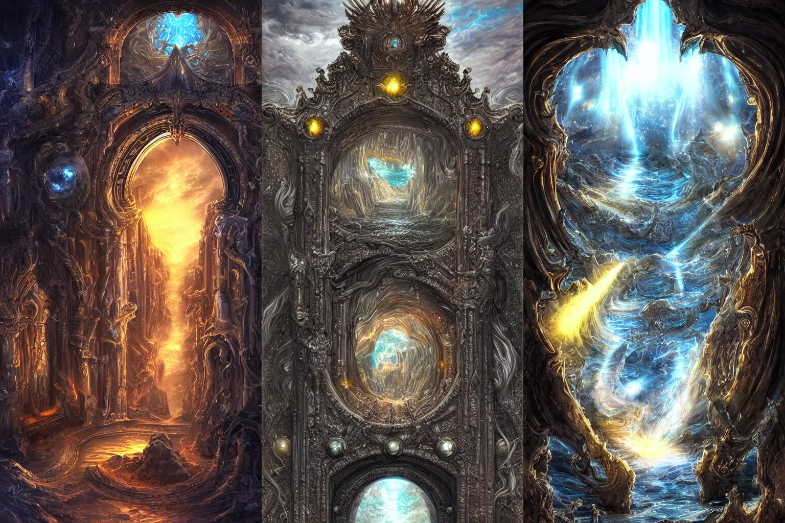 Prompt: the gate to the eternal kingdom of liquid mercury, fantasy, digital art, hd, detailed.