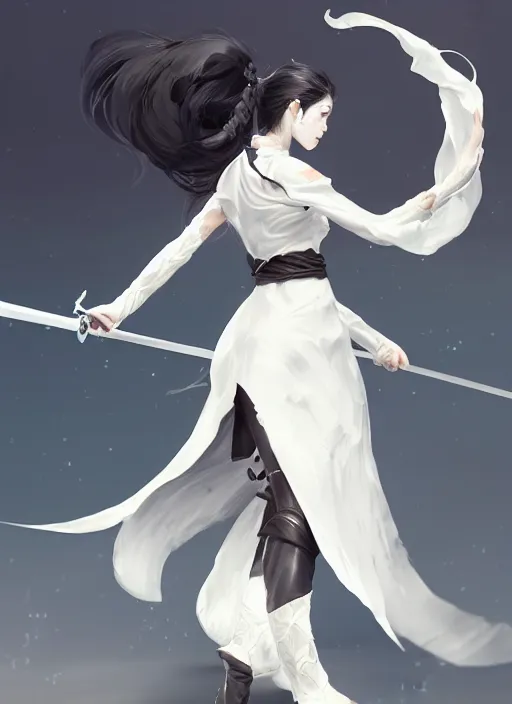 Image similar to a highly detailed illustration of fierce messy ponytail black haired one armed delinquent woman wearing long white tokkoufuku cape, dramatic wielding paper sword pose, intricate, elegant, highly detailed, centered, digital painting, artstation, concept art, smooth, sharp focus, league of legends concept art, wlop.