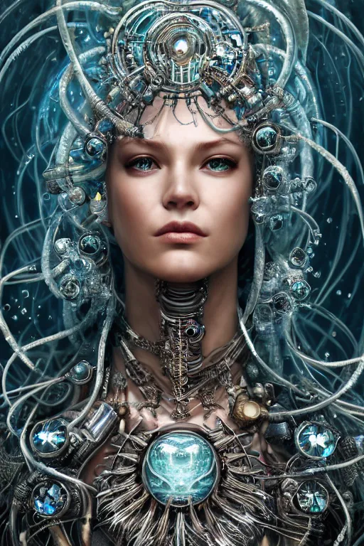 Prompt: a centered render of an alluring wild post apocalyptic cyborg goddess with wearing ornate silver and gemstones and crystal clothing surrounded by flowing liquid gallium jellyfish and sacred geometry, perfect body and face, gorgeous, cinematic, beautifully lit, by artgerm, by karol bak, by donato giancola, 3 d, trending on artstation, octane render, 8 k